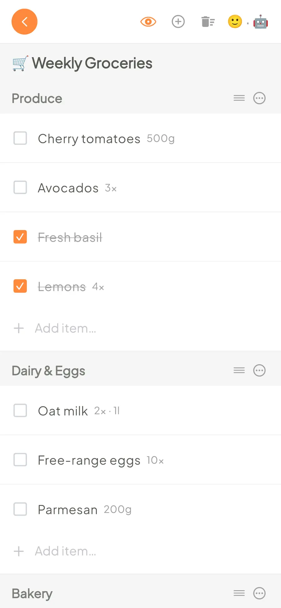 The same items in the LystBot app on the phone