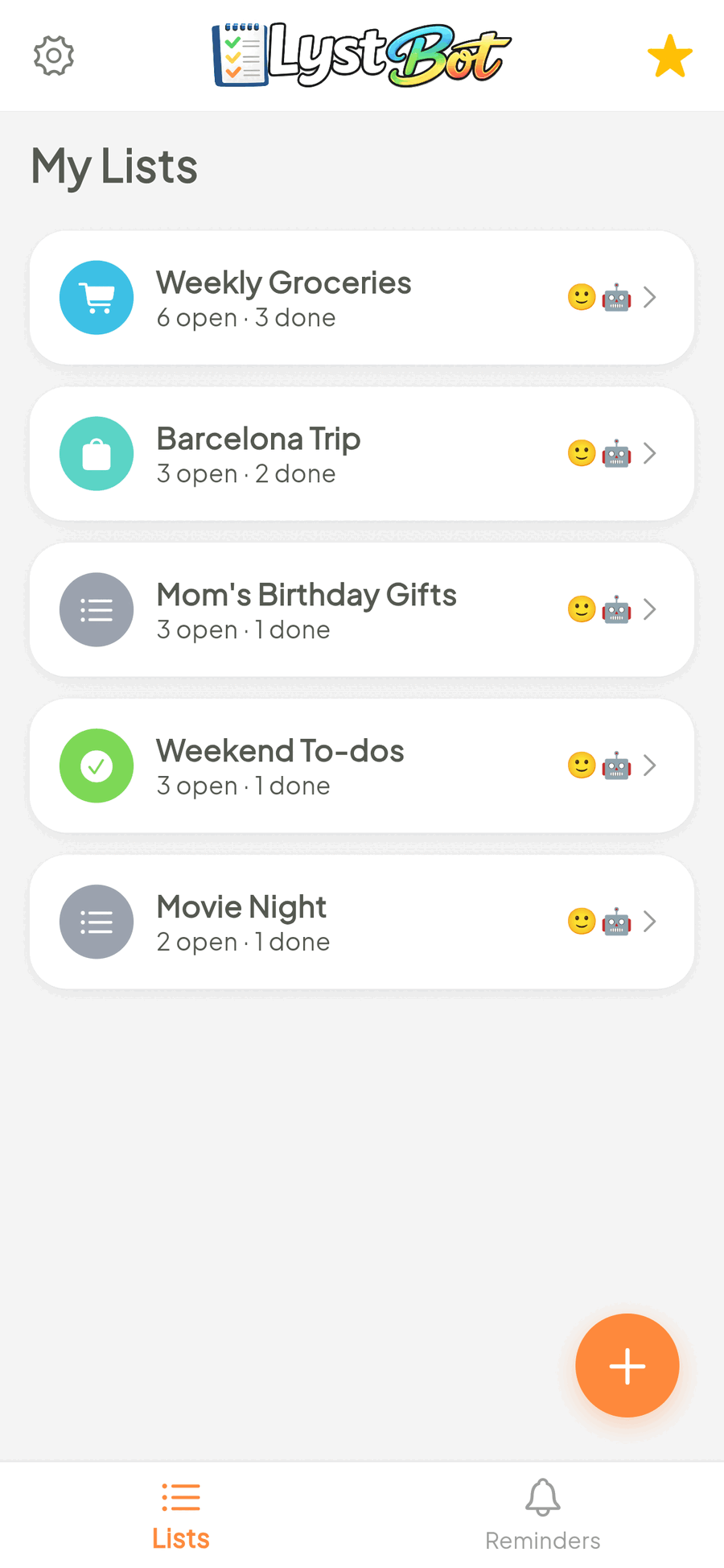 LystBot app: overview of shared lists