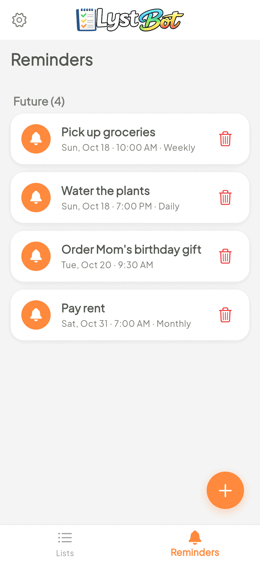 LystBot app: reminders for groceries, plants and rent