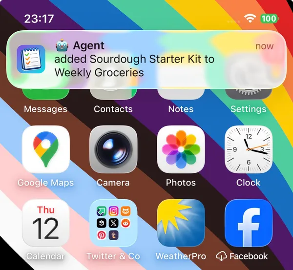 Push notification on the phone: Agent added Sourdough Starter Kit to Weekly Groceries