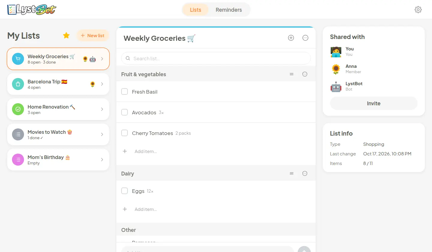 LystBot web app demo: lists, a shopping list with sections and the people it is shared with