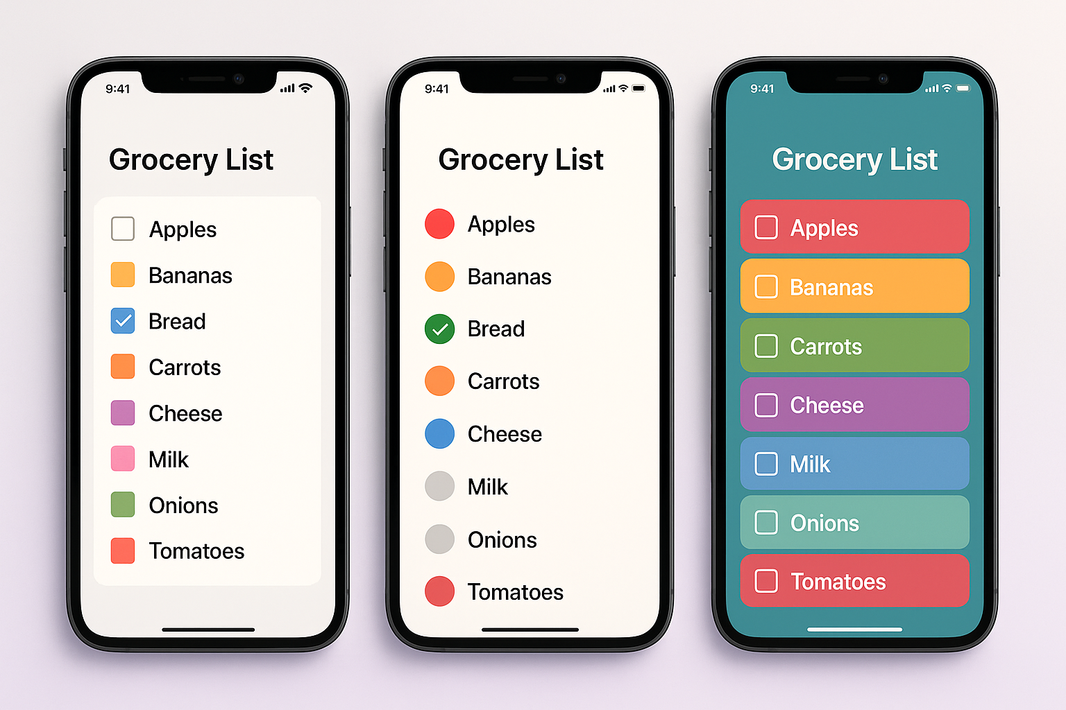 Three grocery list apps compared side by side: AnyList, OurGroceries, and LystBot