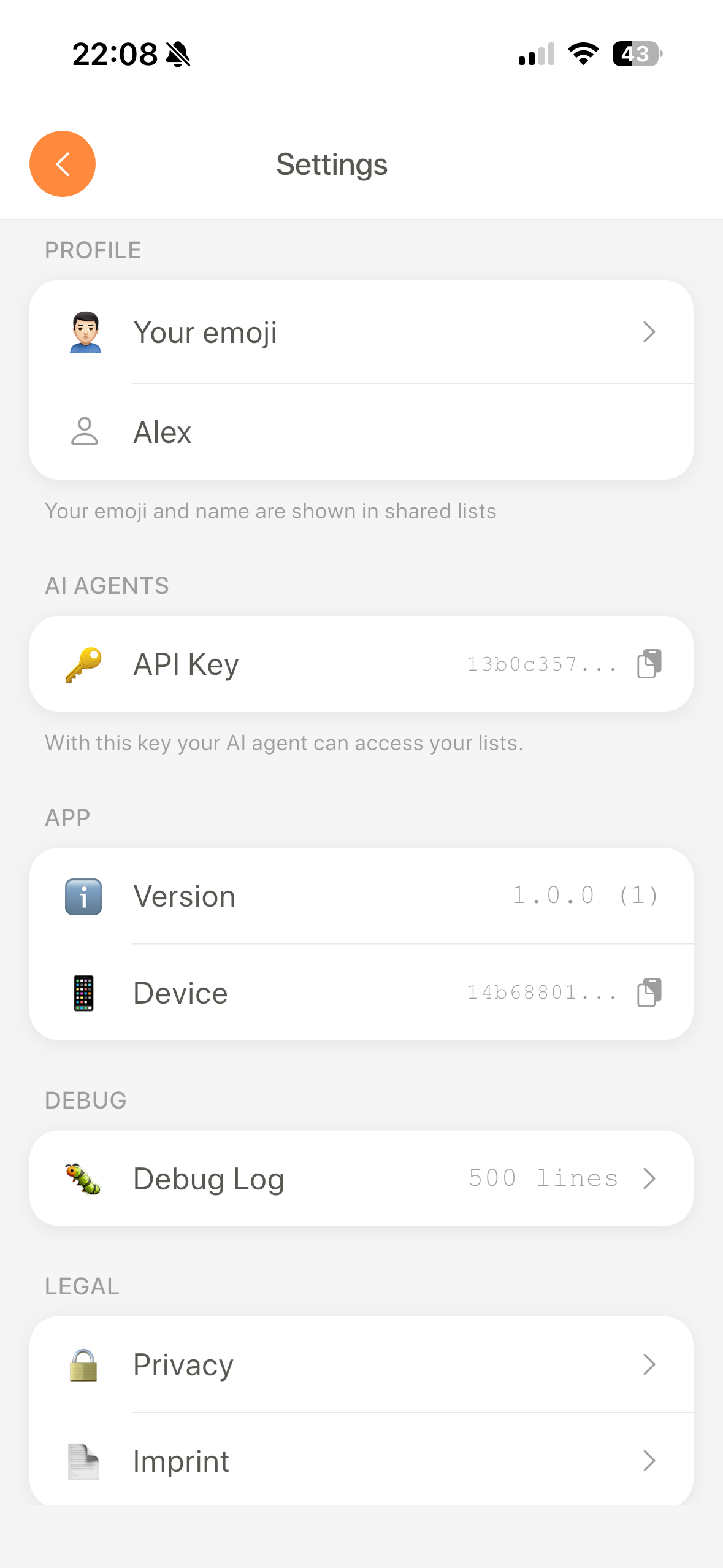 LystBot settings screen showing the API key