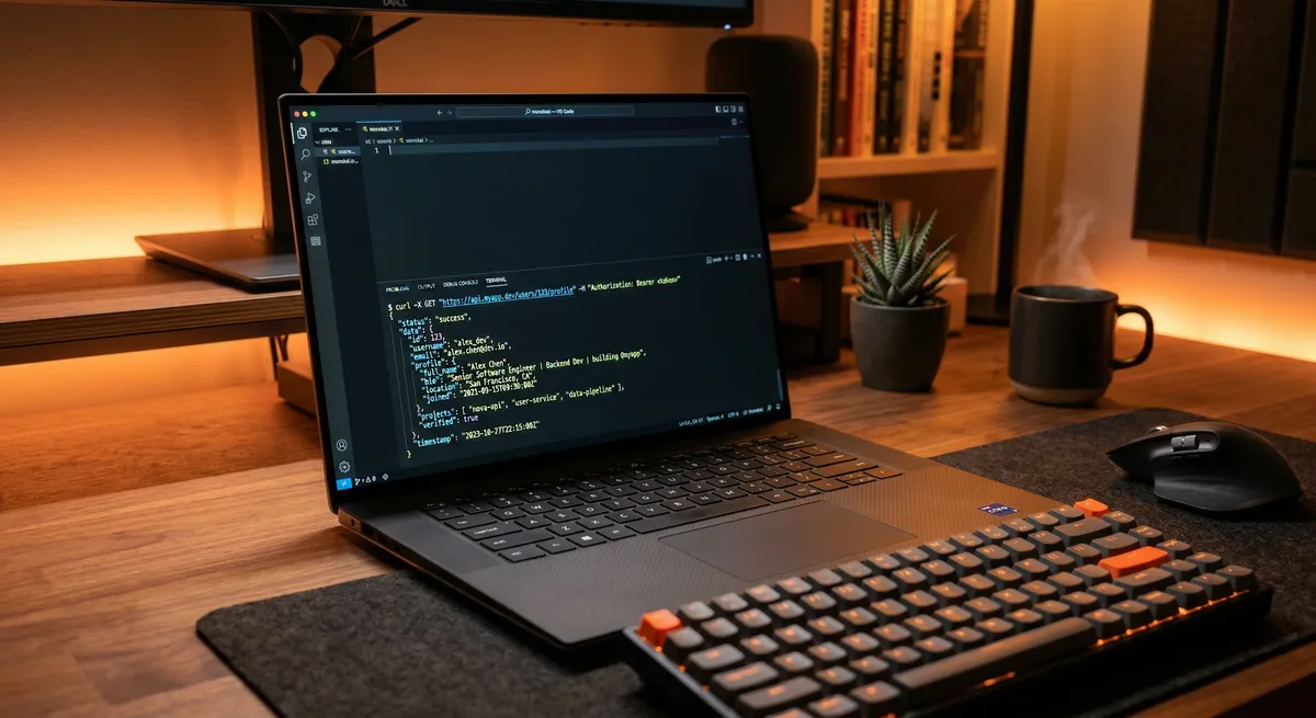 Developer terminal showing LystBot REST API response and CLI commands