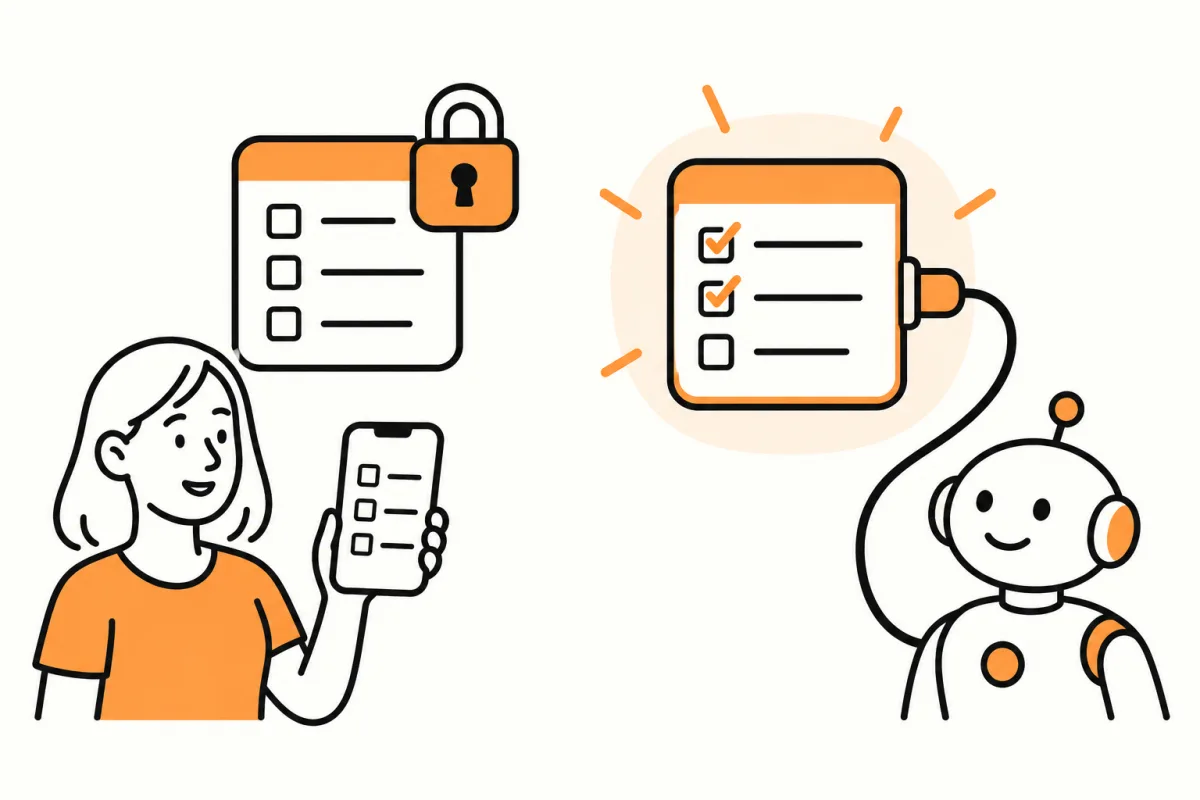 Illustration of a locked checklist beside a connected grocery list and a robot assistant
