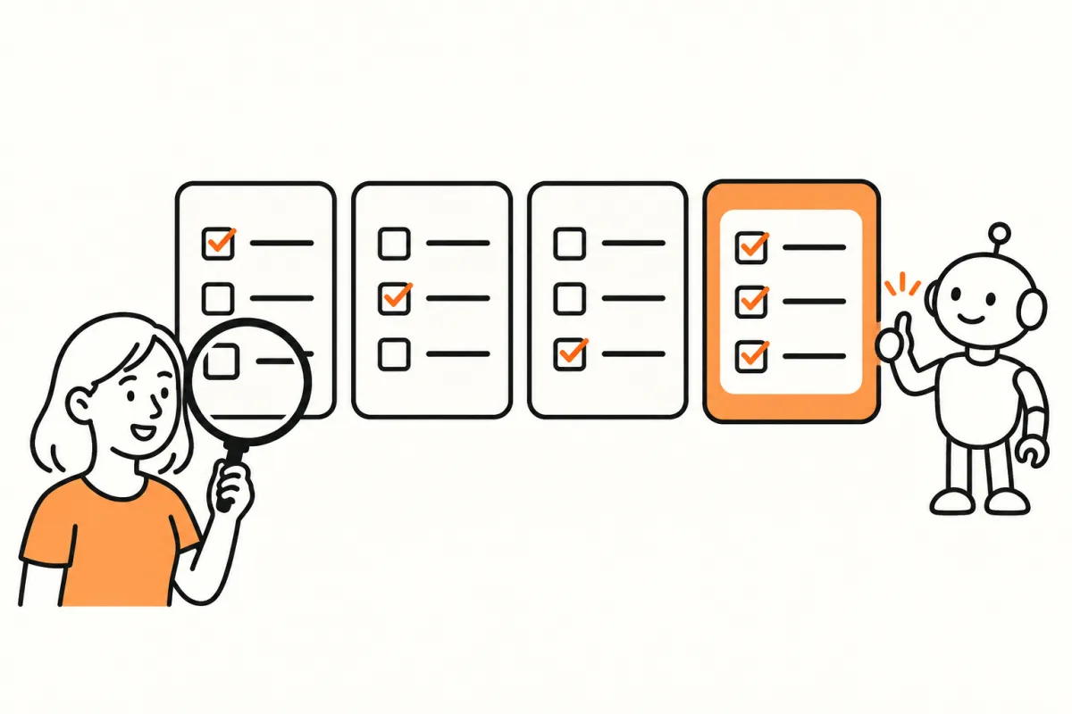 Illustration of an AI assistant comparing task checklists and connection methods