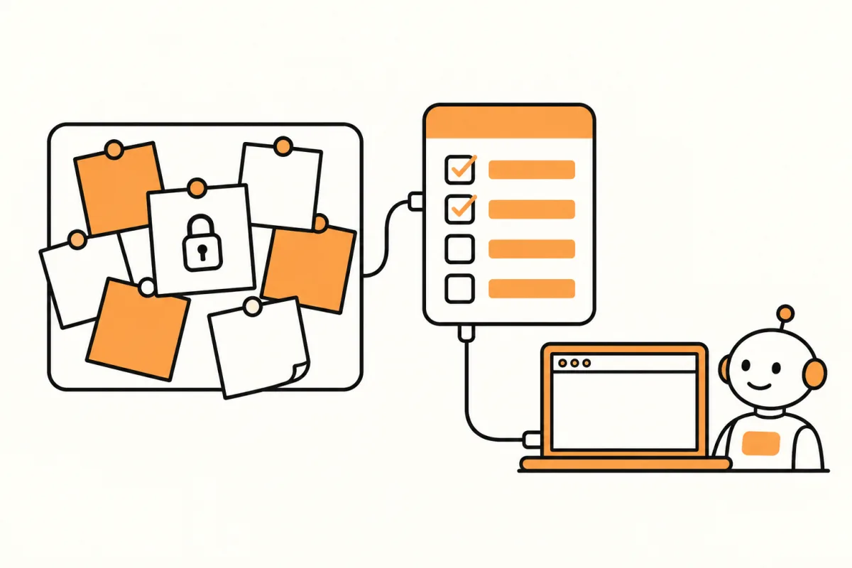 Illustration of locked notes beside a connected checklist, laptop and robot assistant