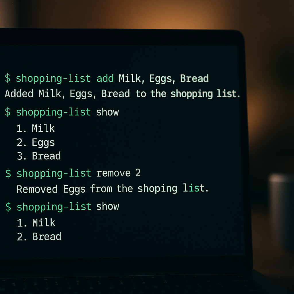 Terminal showing LystBot CLI managing a shopping list