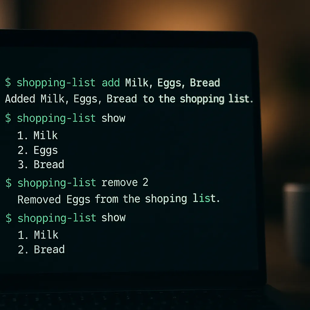 Terminal showing LystBot CLI managing a shopping list