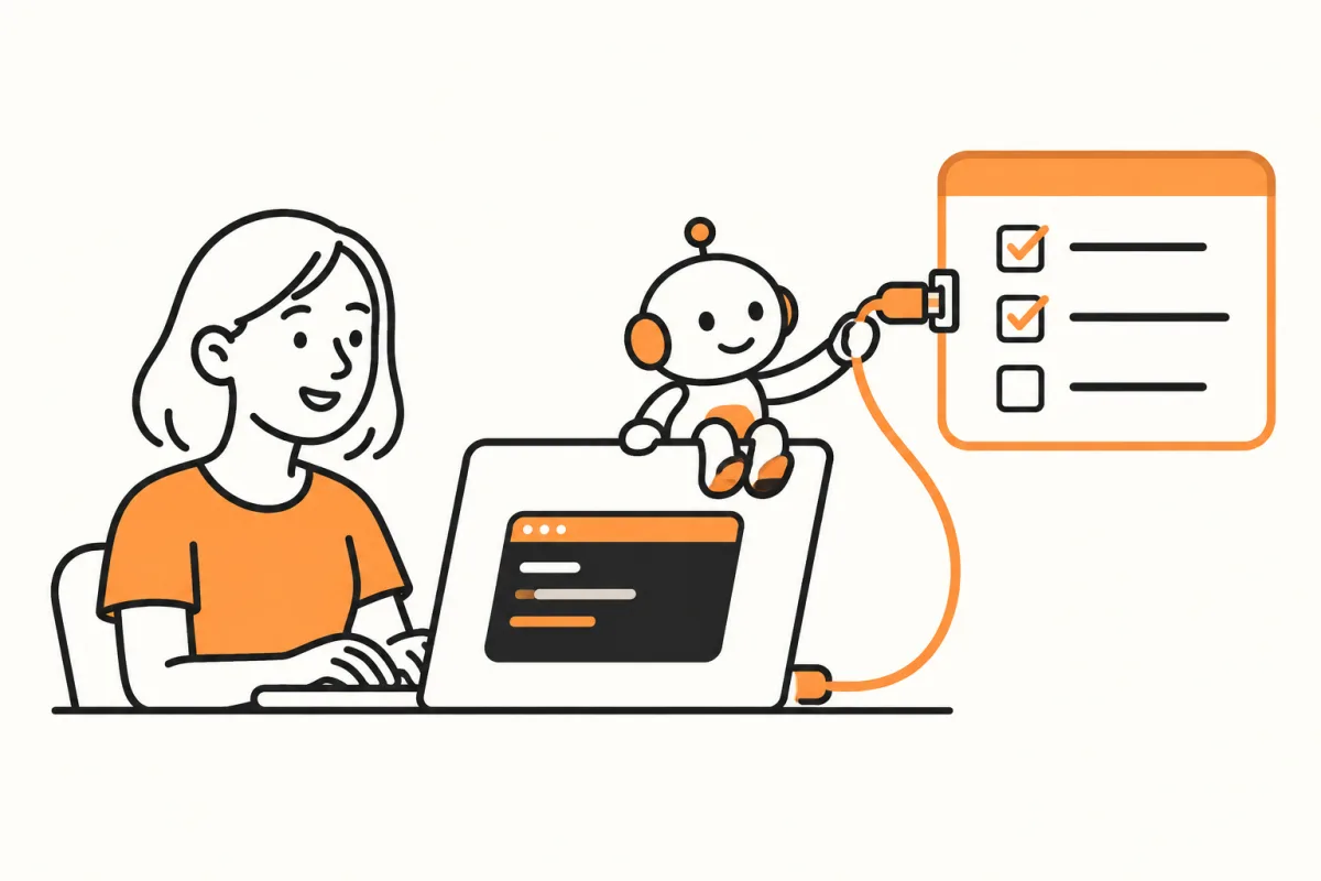 Illustration of a developer at a terminal with a robot connecting to a checklist