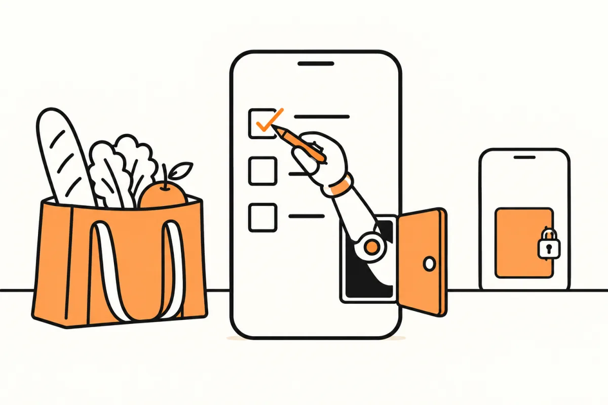 Illustration of groceries beside a phone checklist and an unlocked door