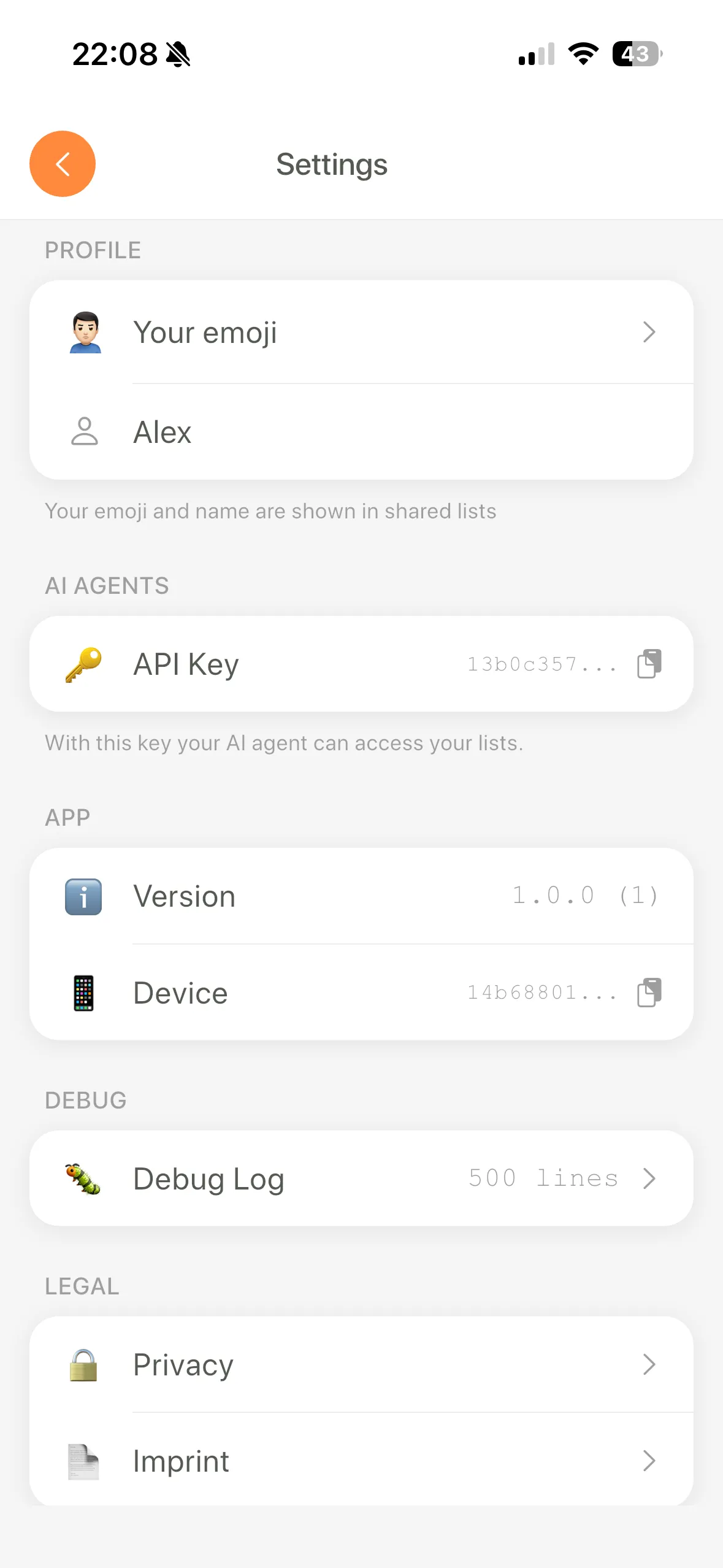 LystBot settings screen showing API key for MCP server setup