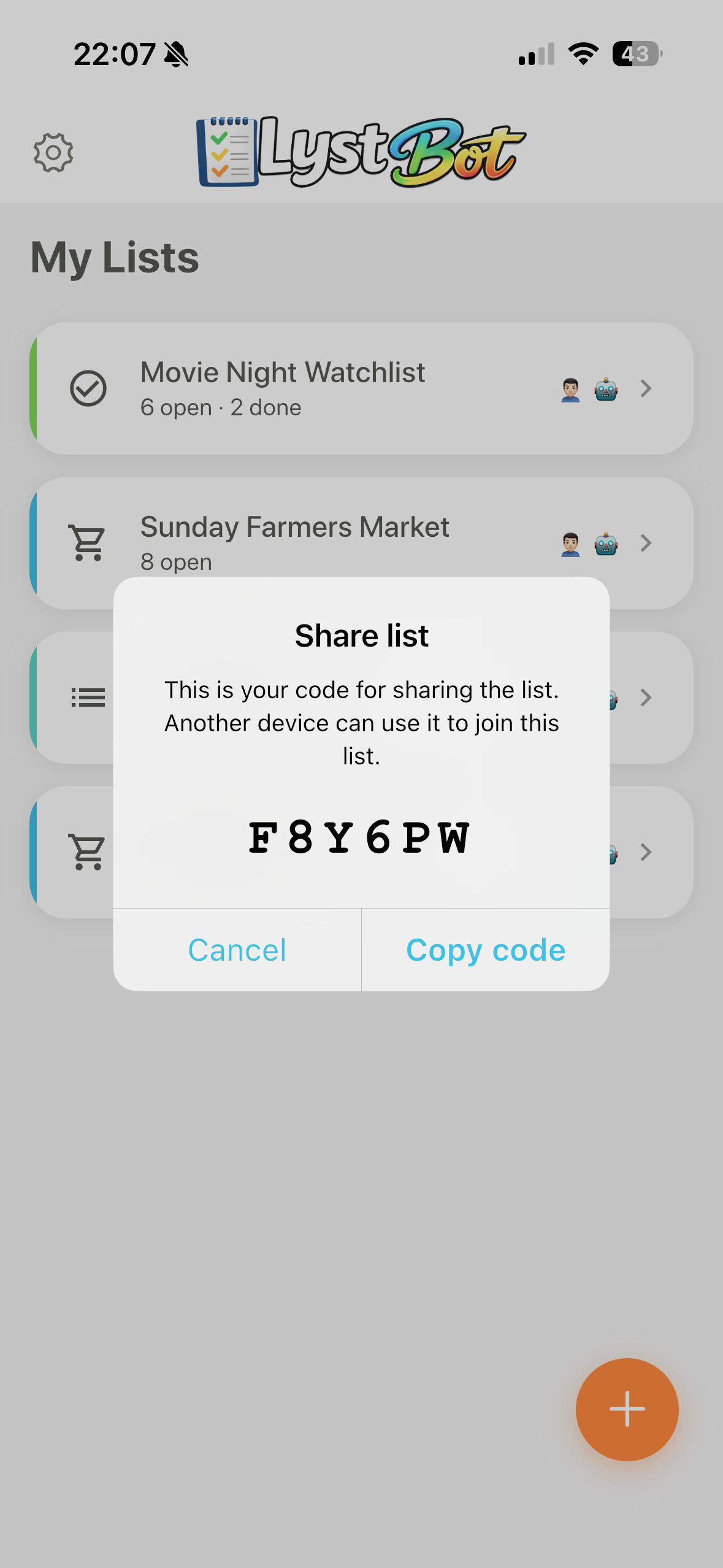 LystBot share code for collaborative list sharing