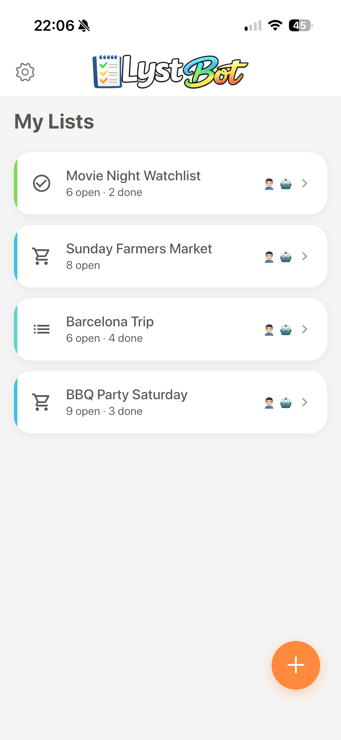 LystBot lists overview showing shared shopping and todo lists